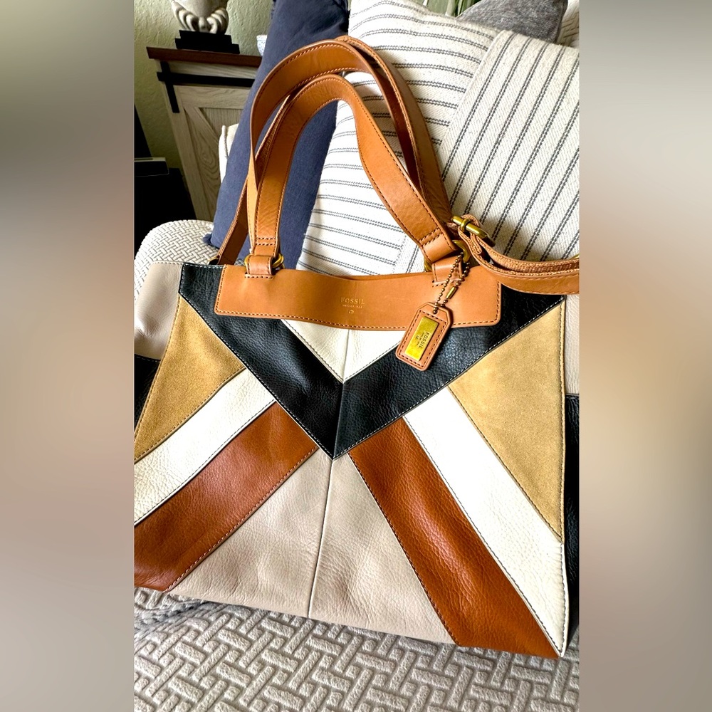 Fossil Amanda Leather Neutral Shopper Tote Shoulder Bag